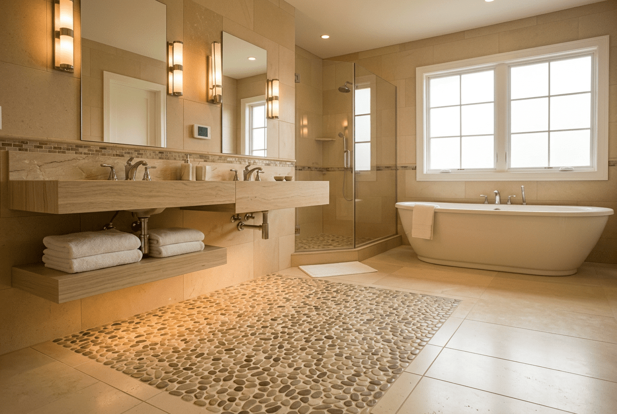 bathroom floor and wall tile solution with slip resistant tiles