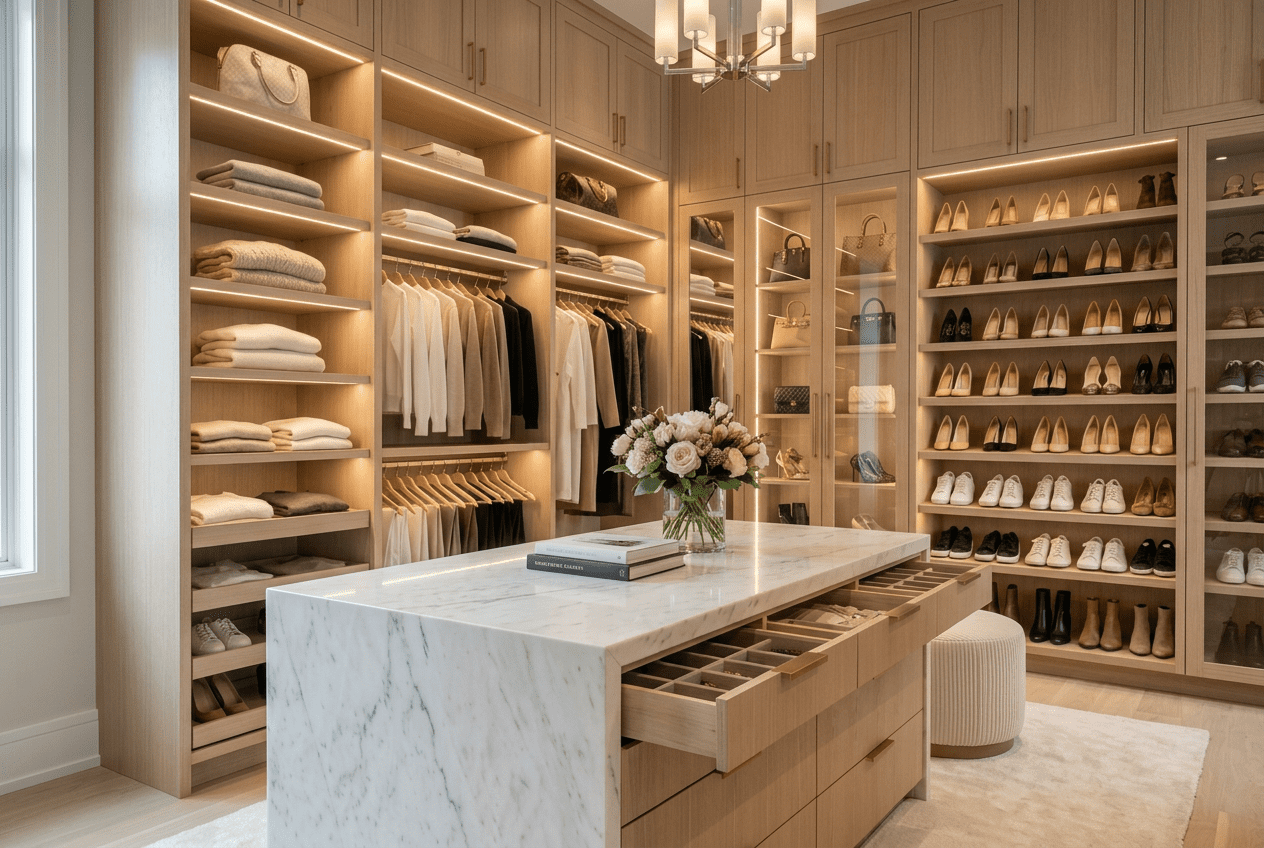 walk in closet wardrobe system with drawers and lighting