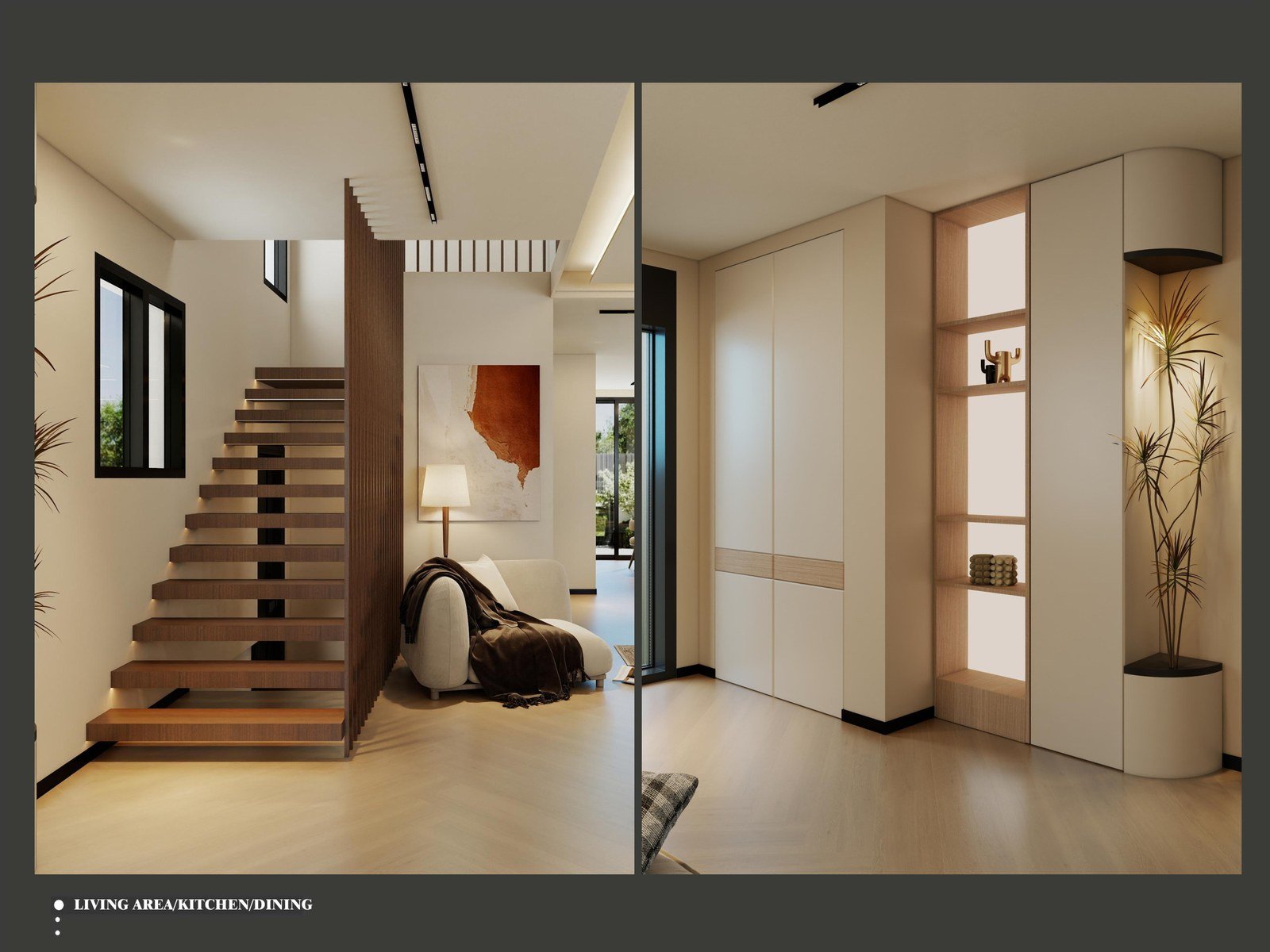 The floating timber main stair and landing with a slim balustrade