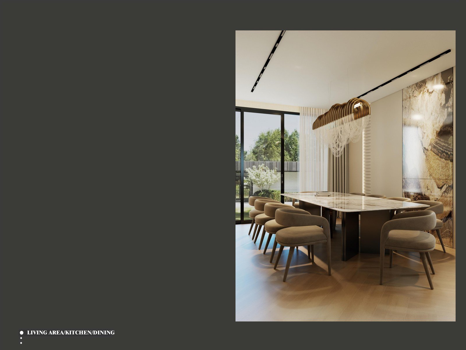 Formal dining room and a guest bedroom, both with warm wood features