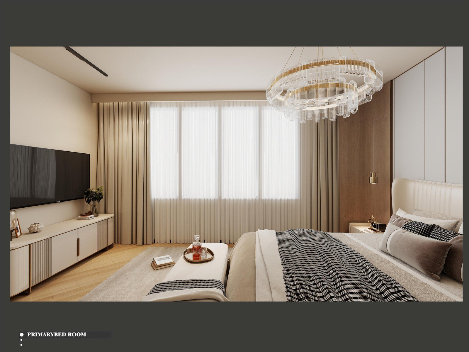 Bedroom with a media wall and its walk-in closet
