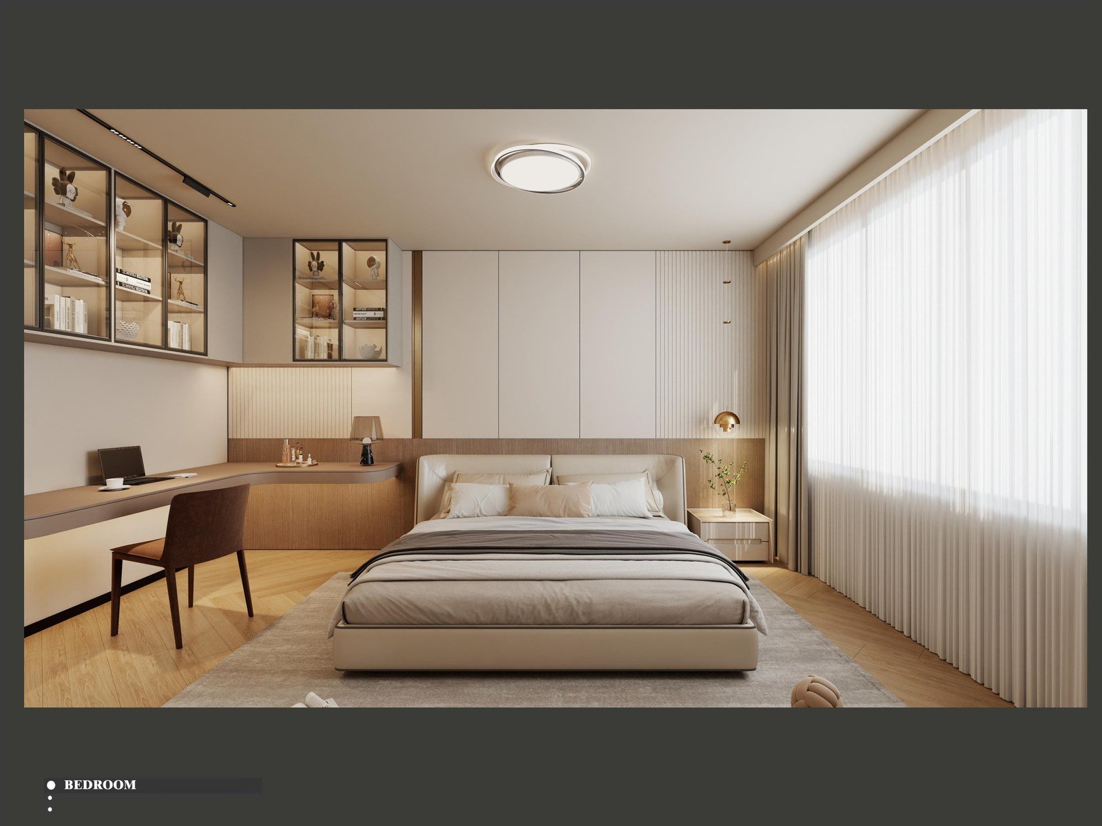 Bedroom with a soft patterned feature wall and warm bedding