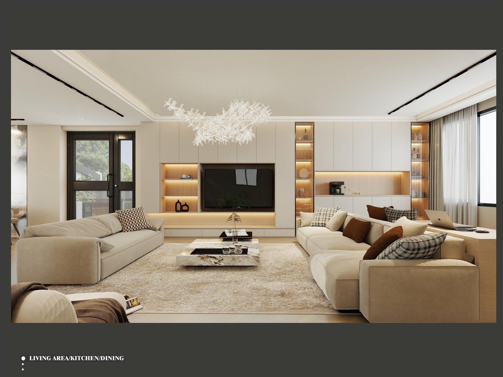 Bright modern Canadian villa living room with custom cabinetry