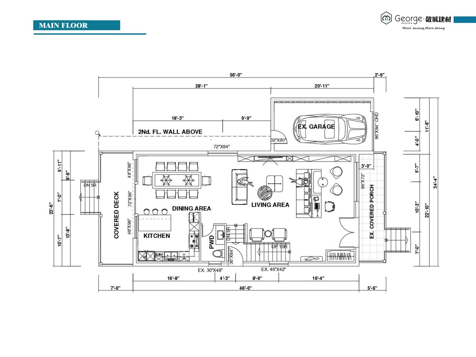 Main floor plan of the Toronto villa showing the open living, dining, kitchen and powder room
