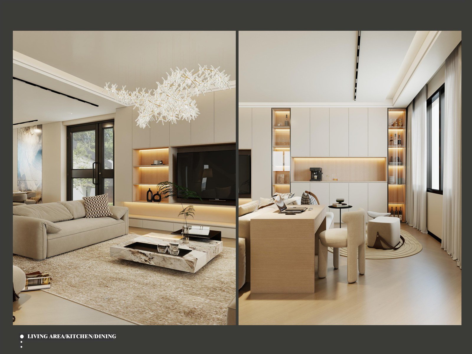 The main-floor living room, with a media wall and a sculptural chandelier