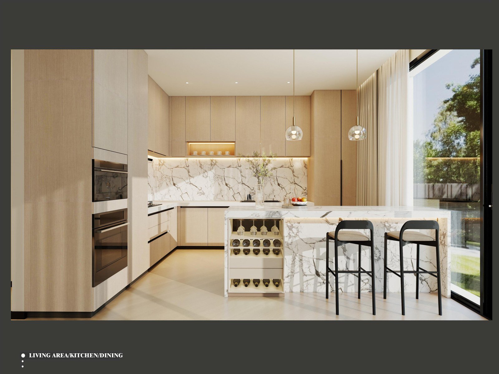 Main-floor kitchen with a wood-front island, bar seating and a full appliance wall