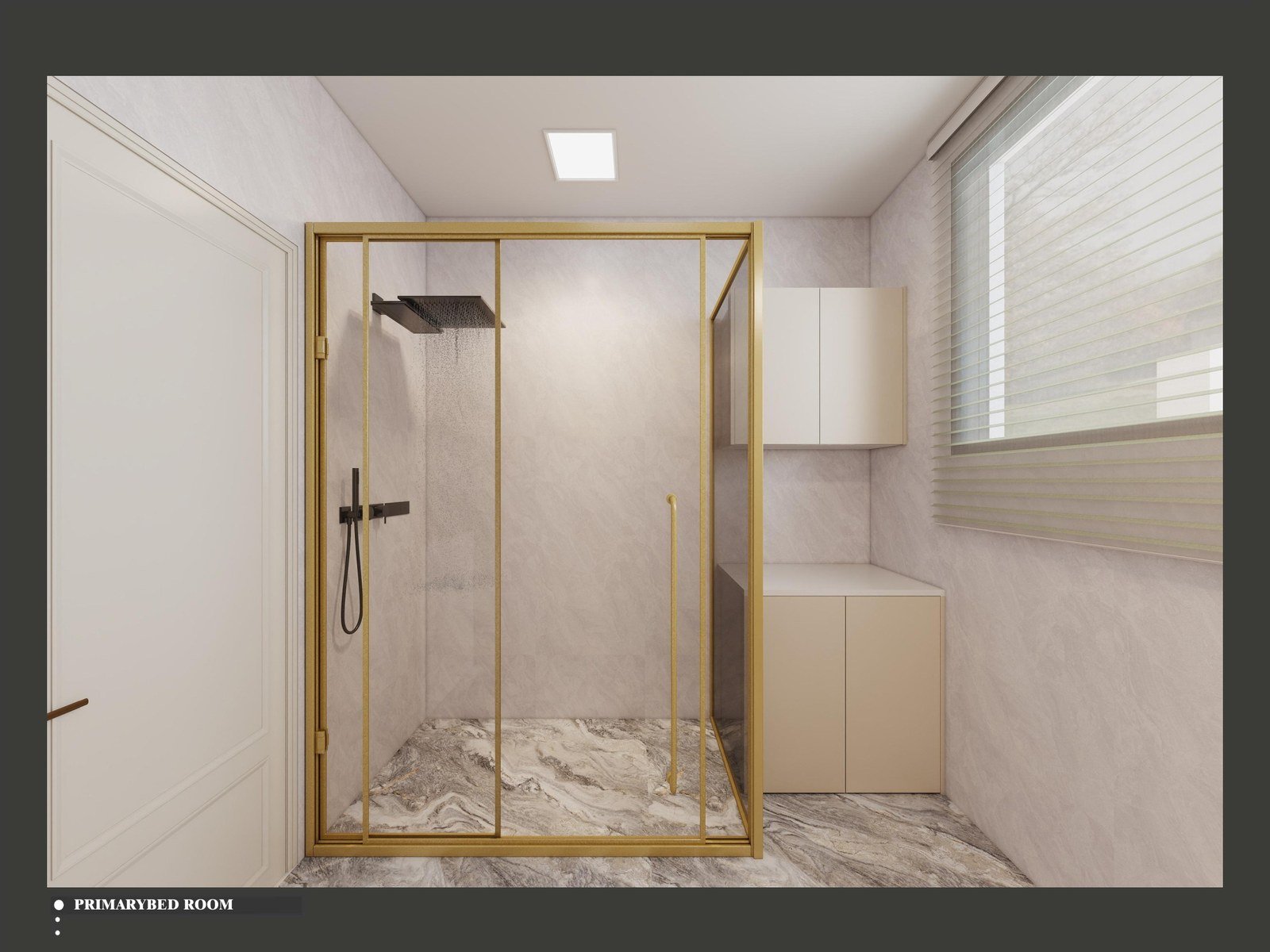Bathroom with a glass-enclosed shower, honed stone and a vanity