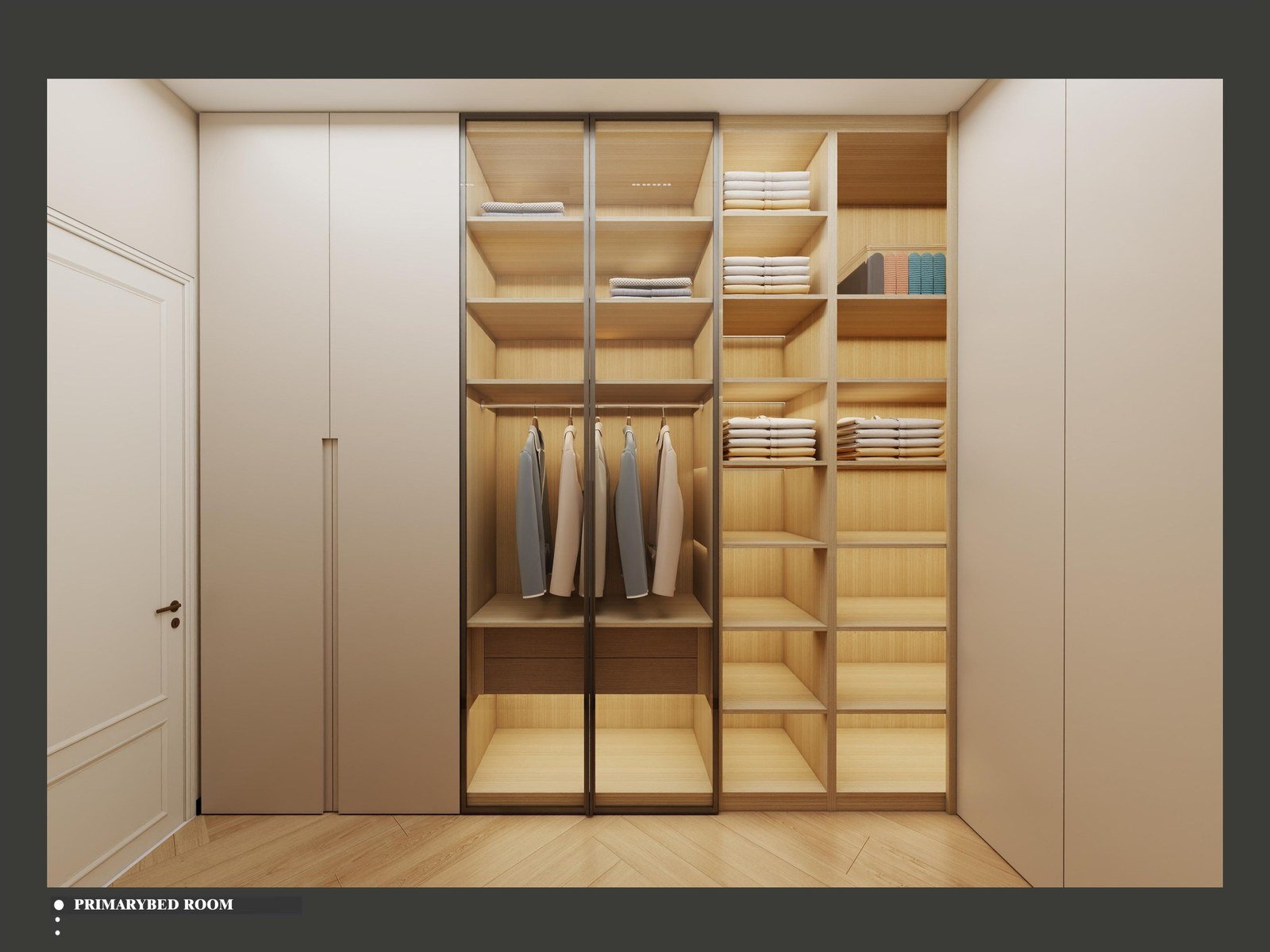 Walk-in closet with full-height wood shelving and a hanging rail