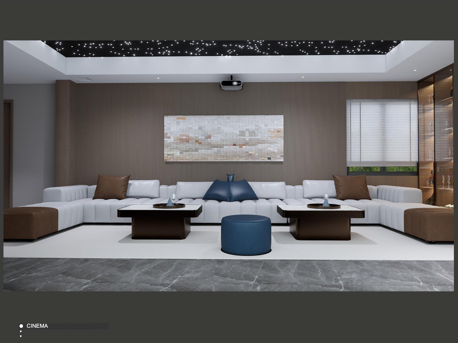 Home cinema, second view, with a white sectional under the star-lit ceiling