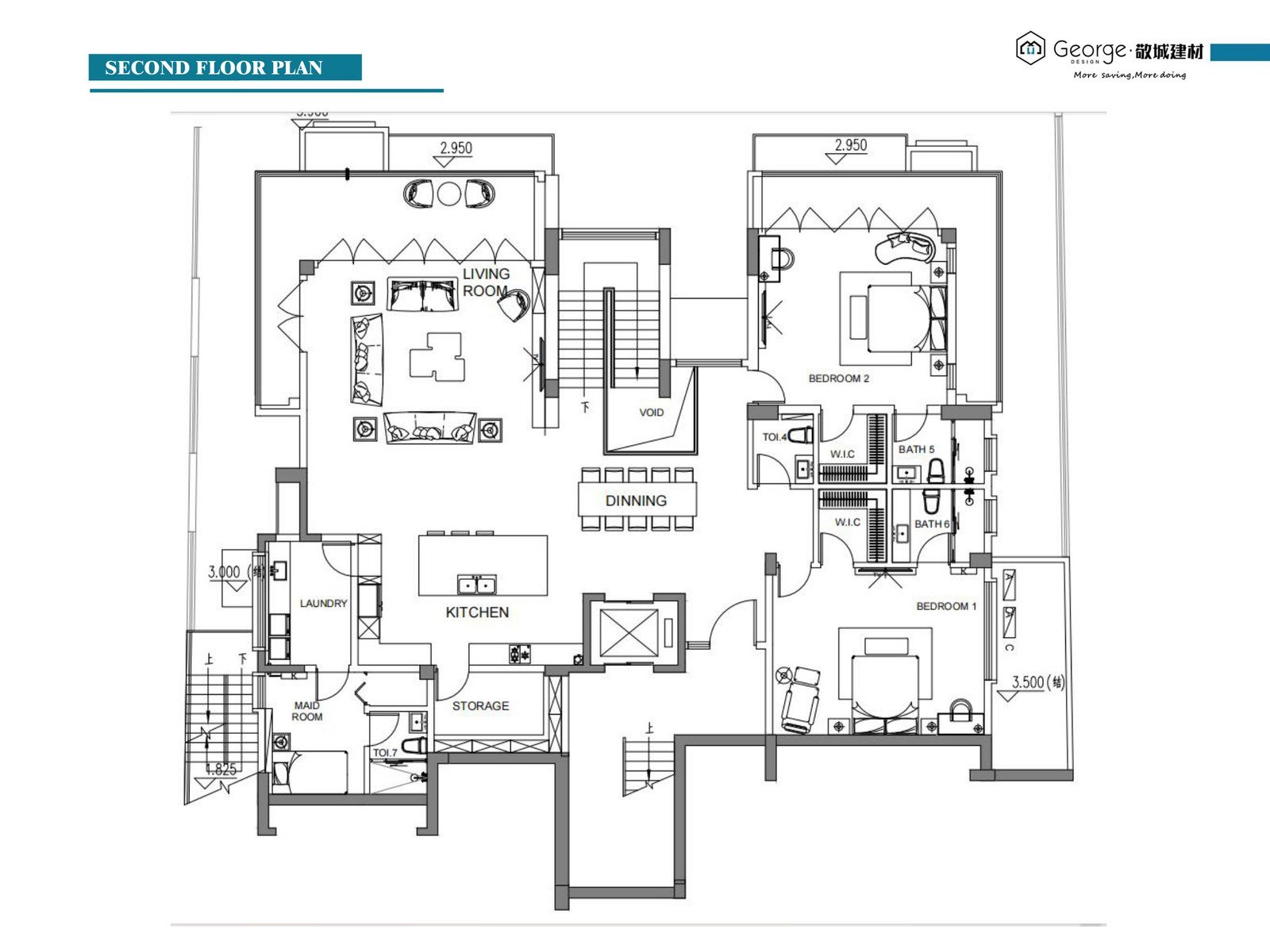 Second floor plan showing the family living, dining and bedrooms