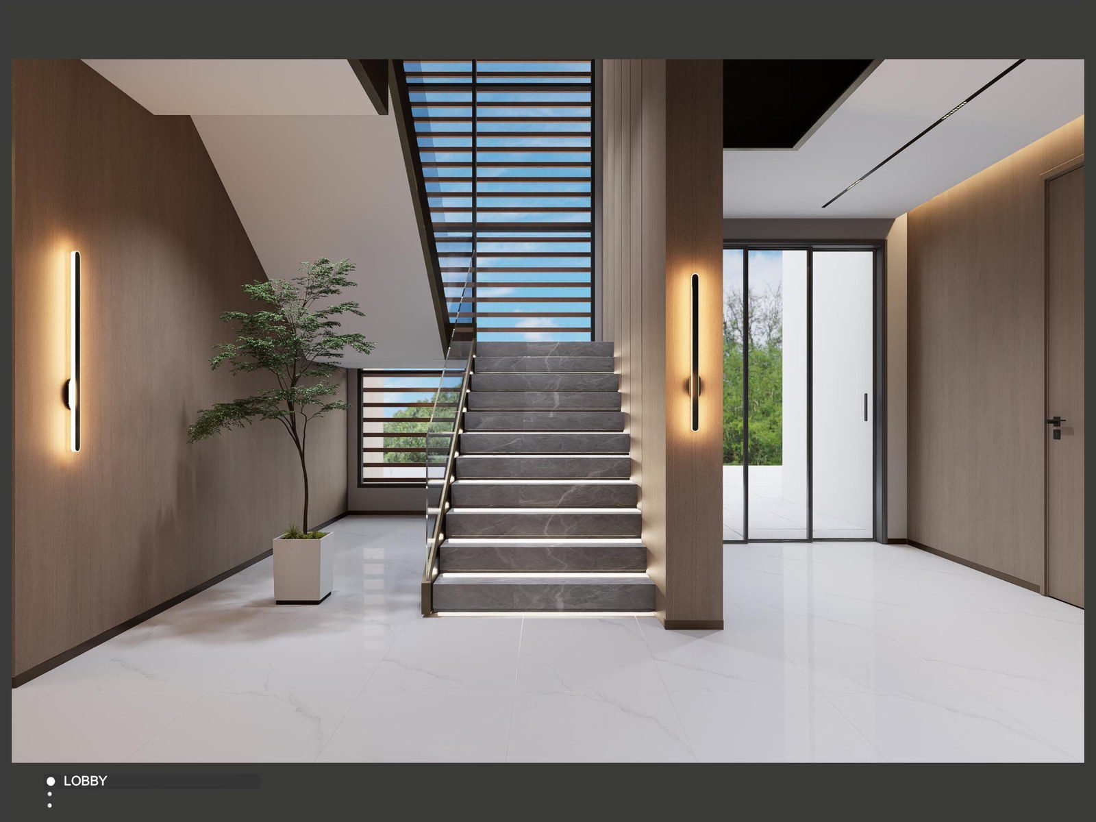 The double-height lobby, under a full wood-slat ceiling