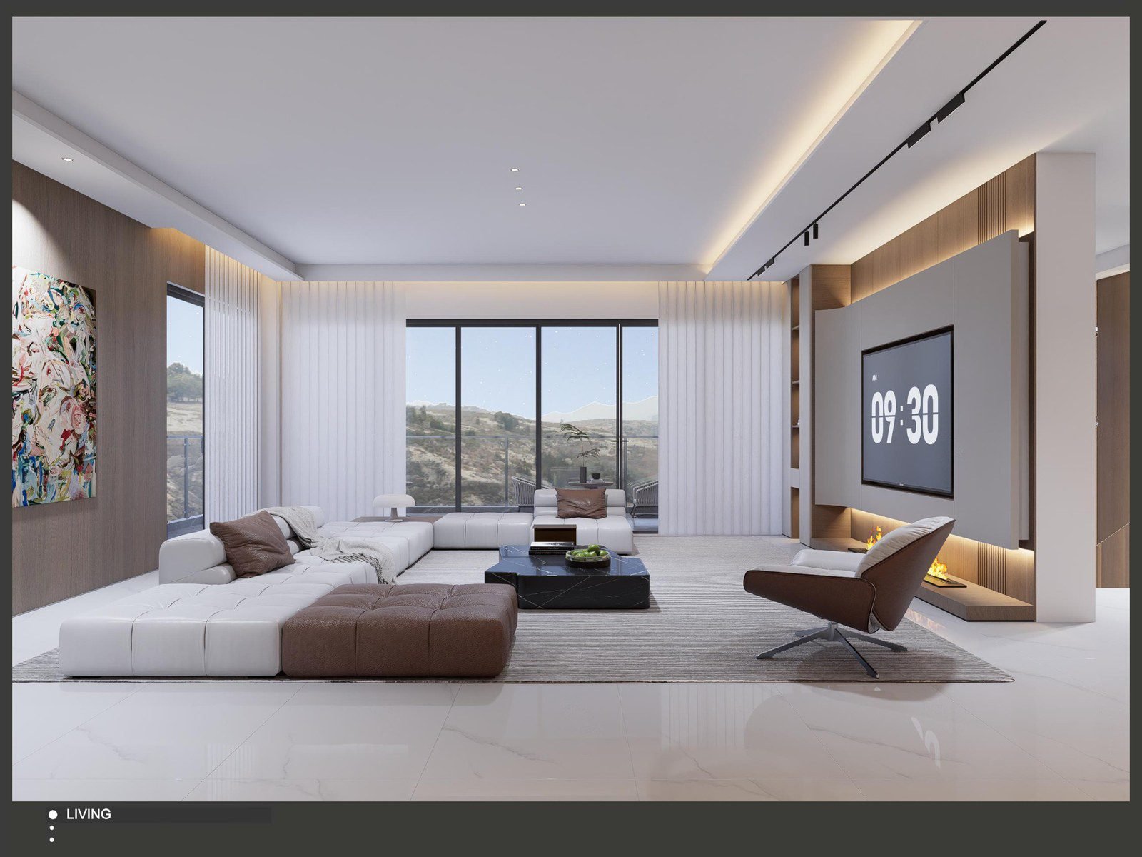 Warm family living room with a media wall and layered seating