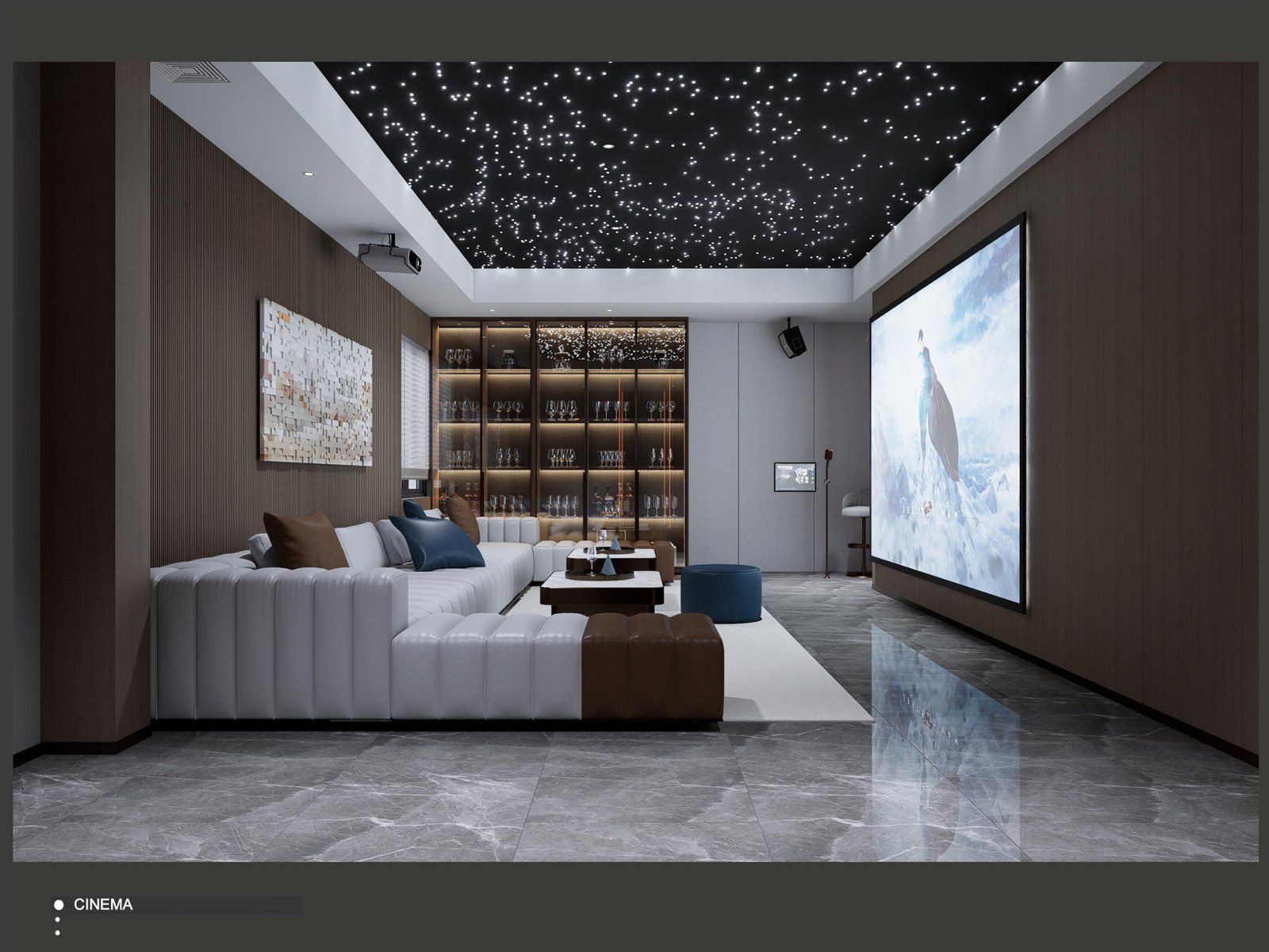 Home cinema with a star-lit ceiling, large screen and lounge seating
