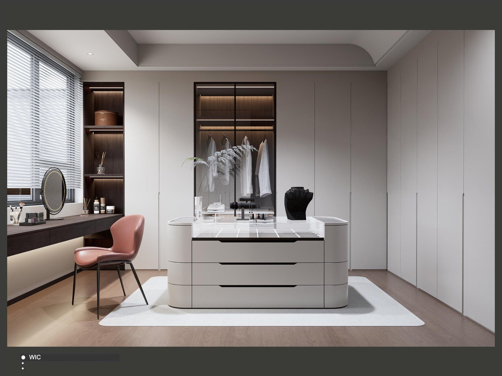 Dressing area with a double vanity, round back-lit mirrors and hanging storage