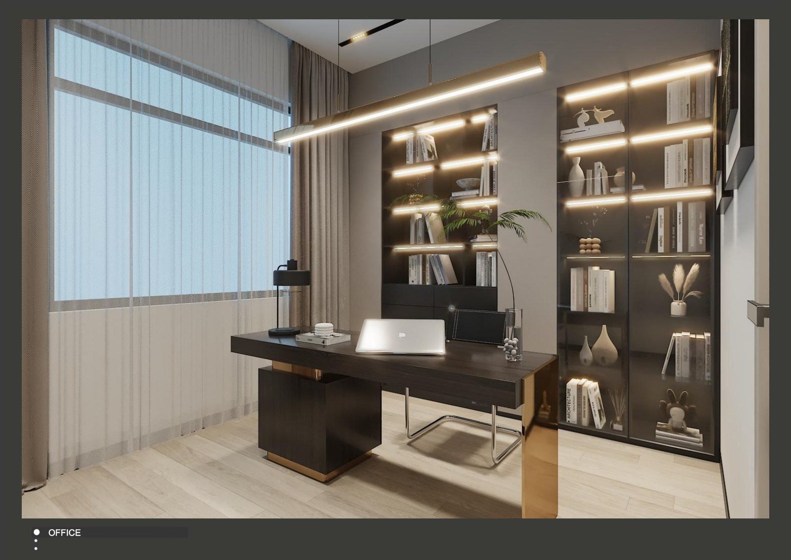 Roof office with a desk, built-in bookshelves and a large window