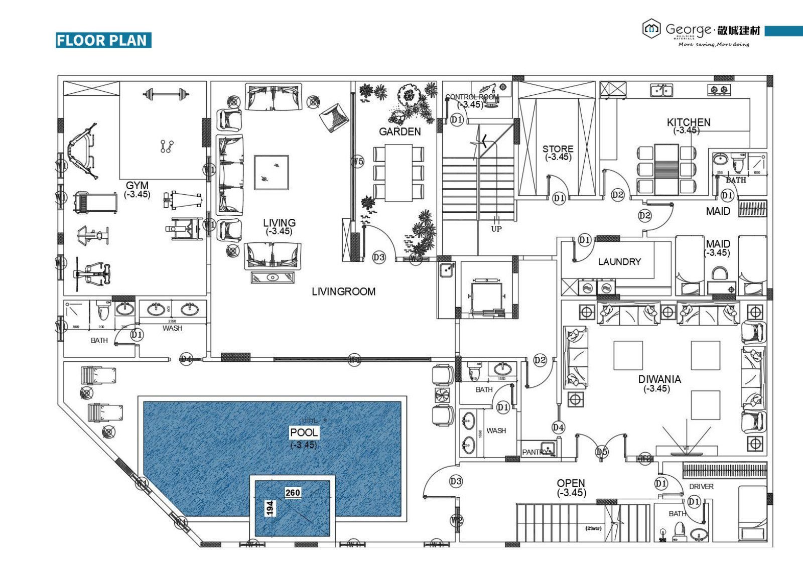 Basement floor plan showing the pool, gym and diwania