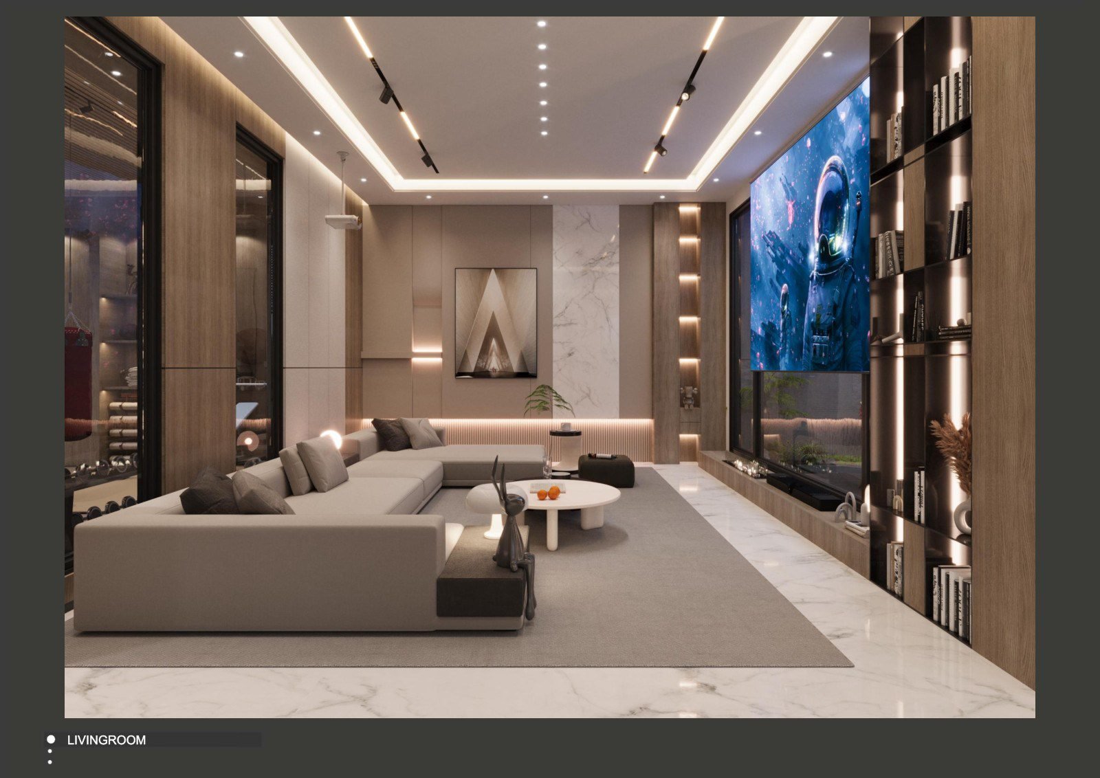 Basement living and dining room with a large sectional and media wall