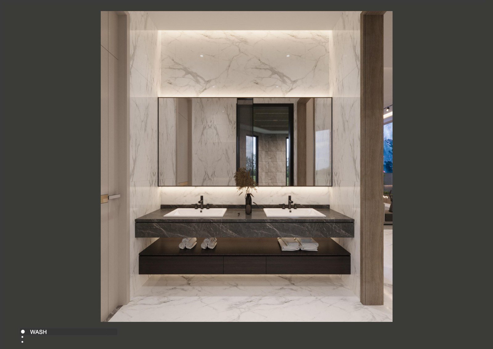 Basement bathroom with a double vanity and back-lit mirror
