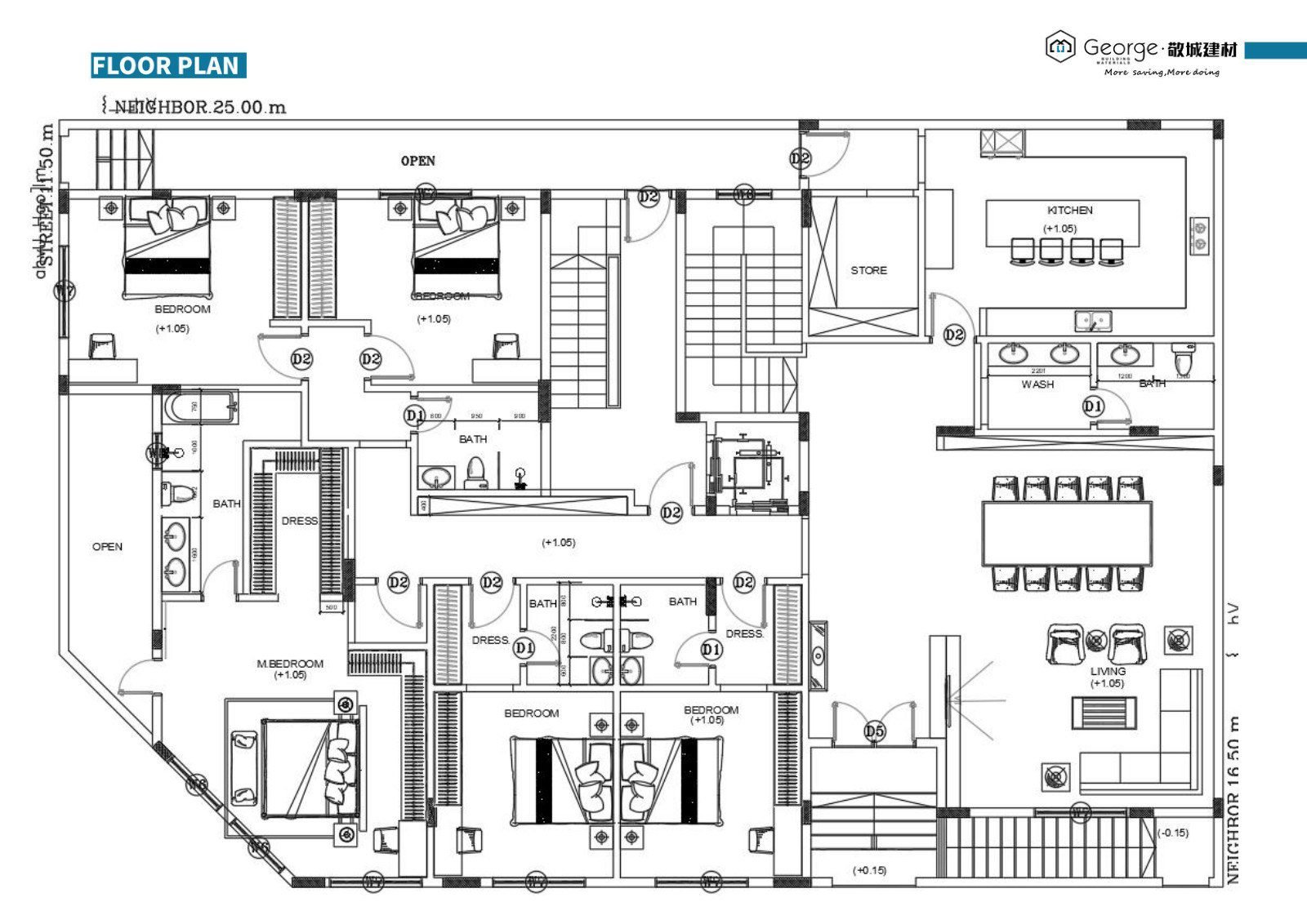 Ground floor plan of the Kuwait villa showing the open living, dining, kitchen and five bedrooms