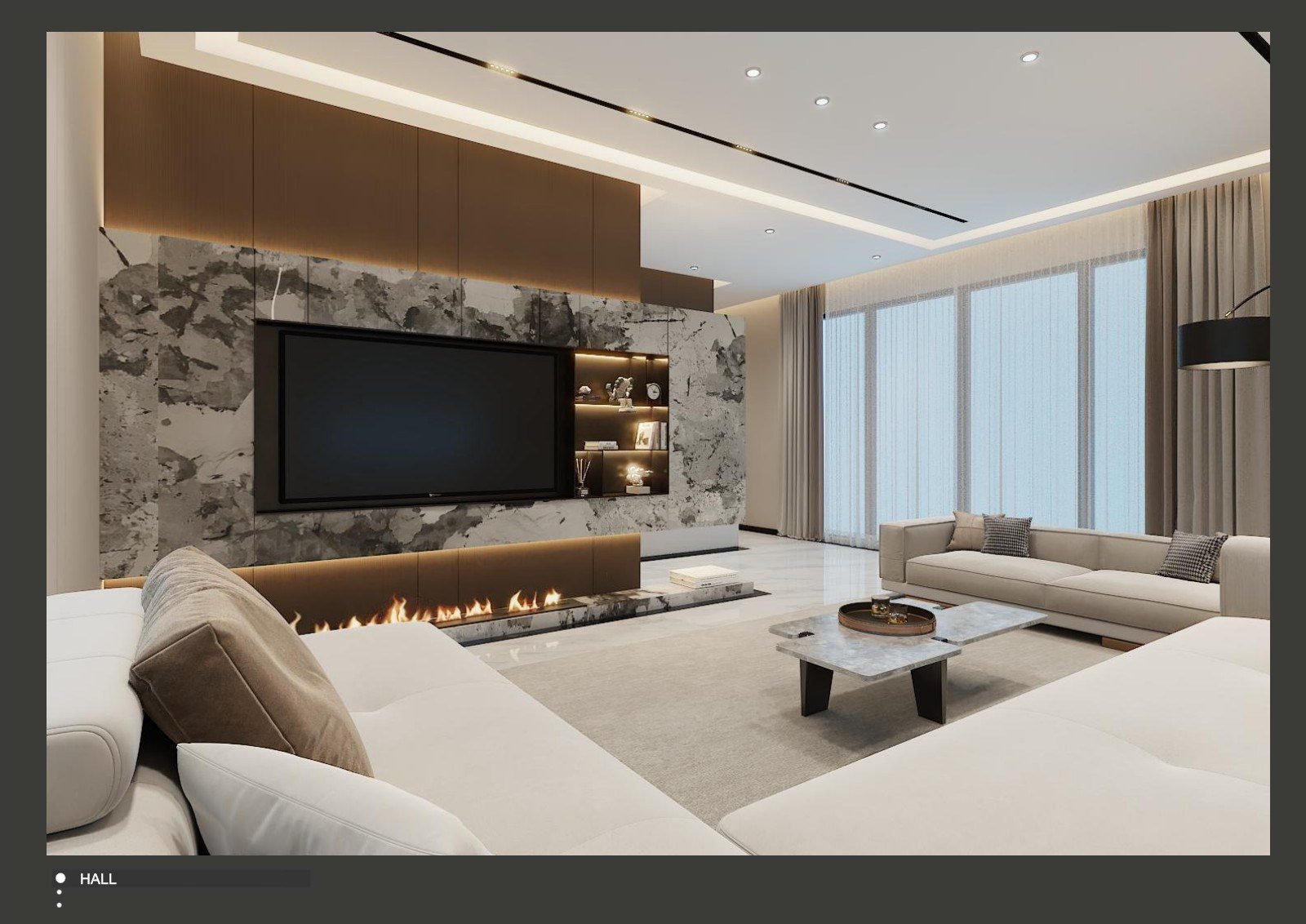 Open living and dining, anchored by a marble media wall and linear fireplace