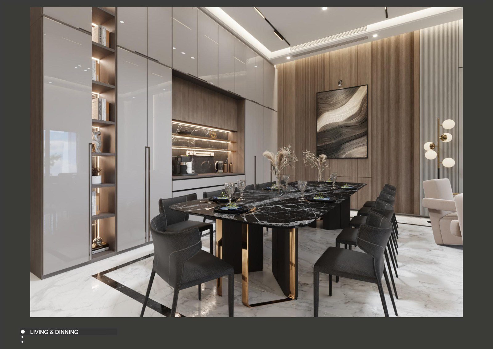 Formal dining room with a round black marble table and a wood-slat feature wall