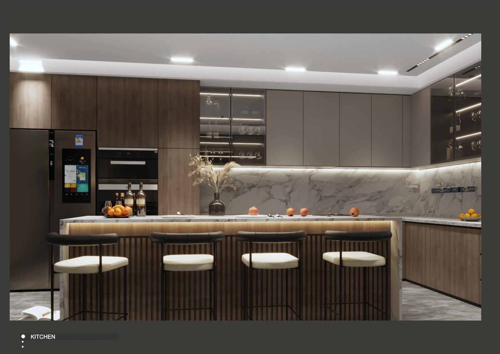 Dark wood kitchen with a stone island, bar seating and integrated appliances