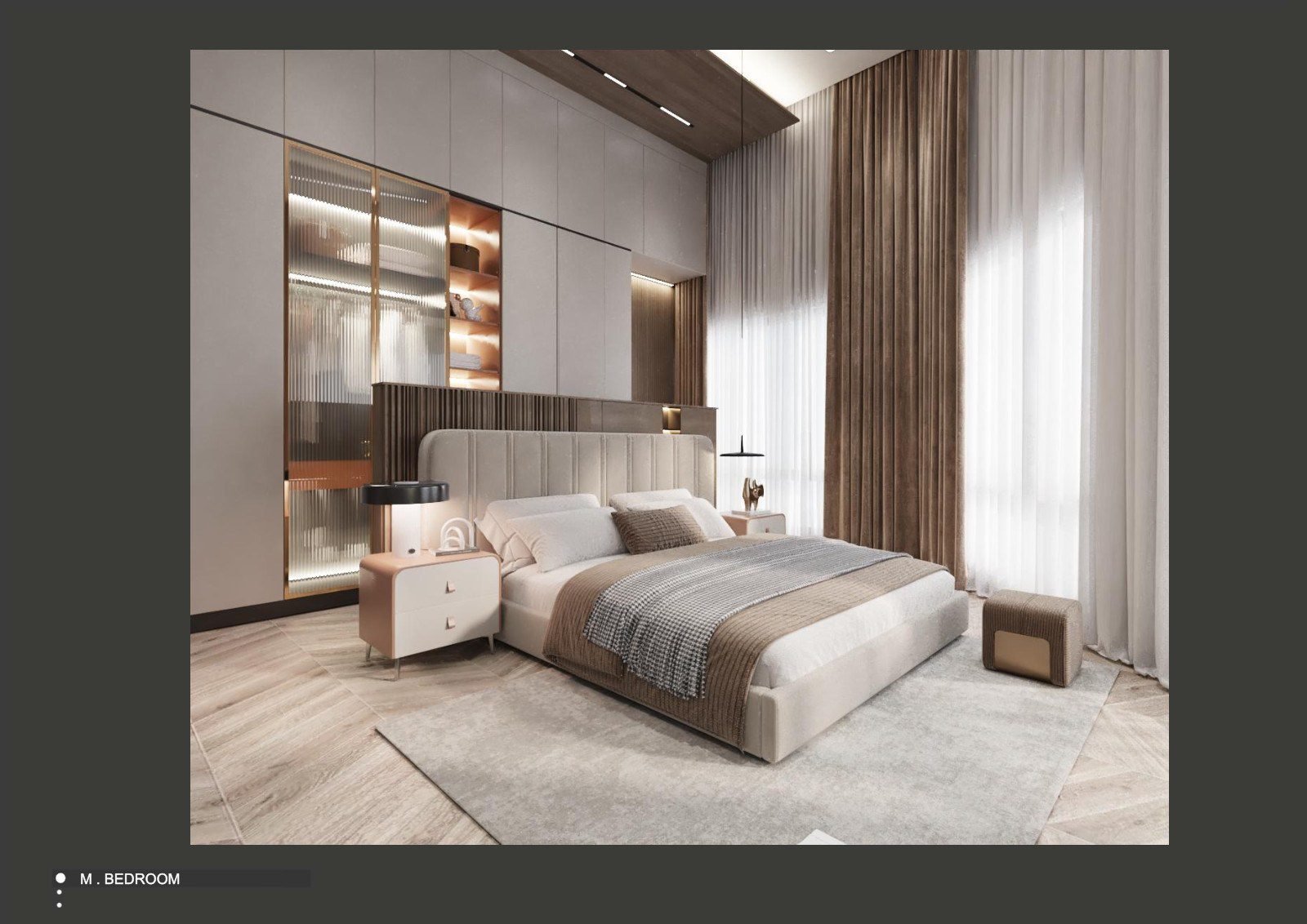 Master bedroom with a wood-slat feature wall and a large platform bed