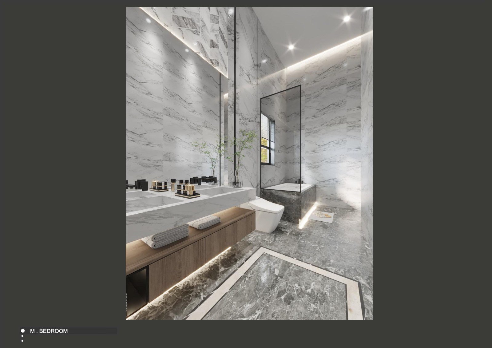 Master en-suite bathroom with a double vanity, marble walls and a freestanding tub