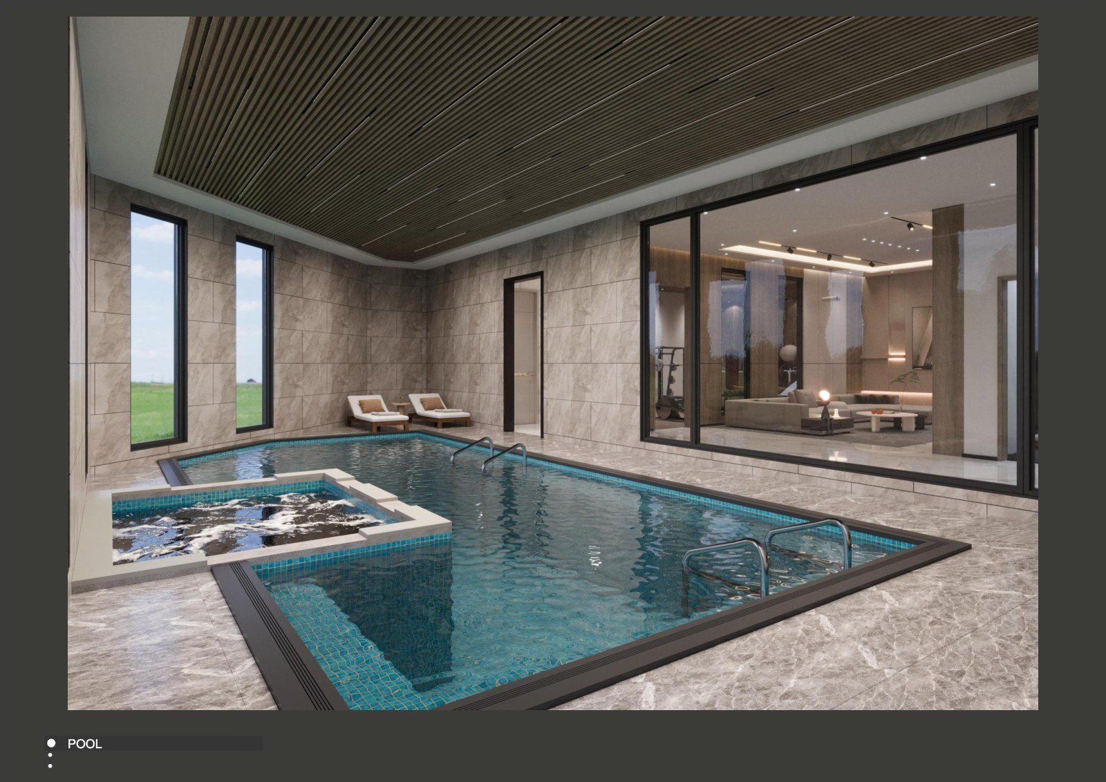 Basement indoor swimming pool with sun loungers and a timber-lined ceiling