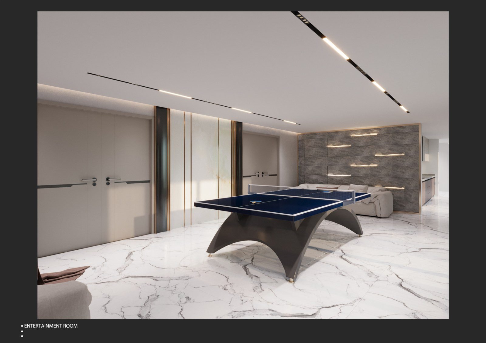 Basement entertainment room in marble with a dark feature wall