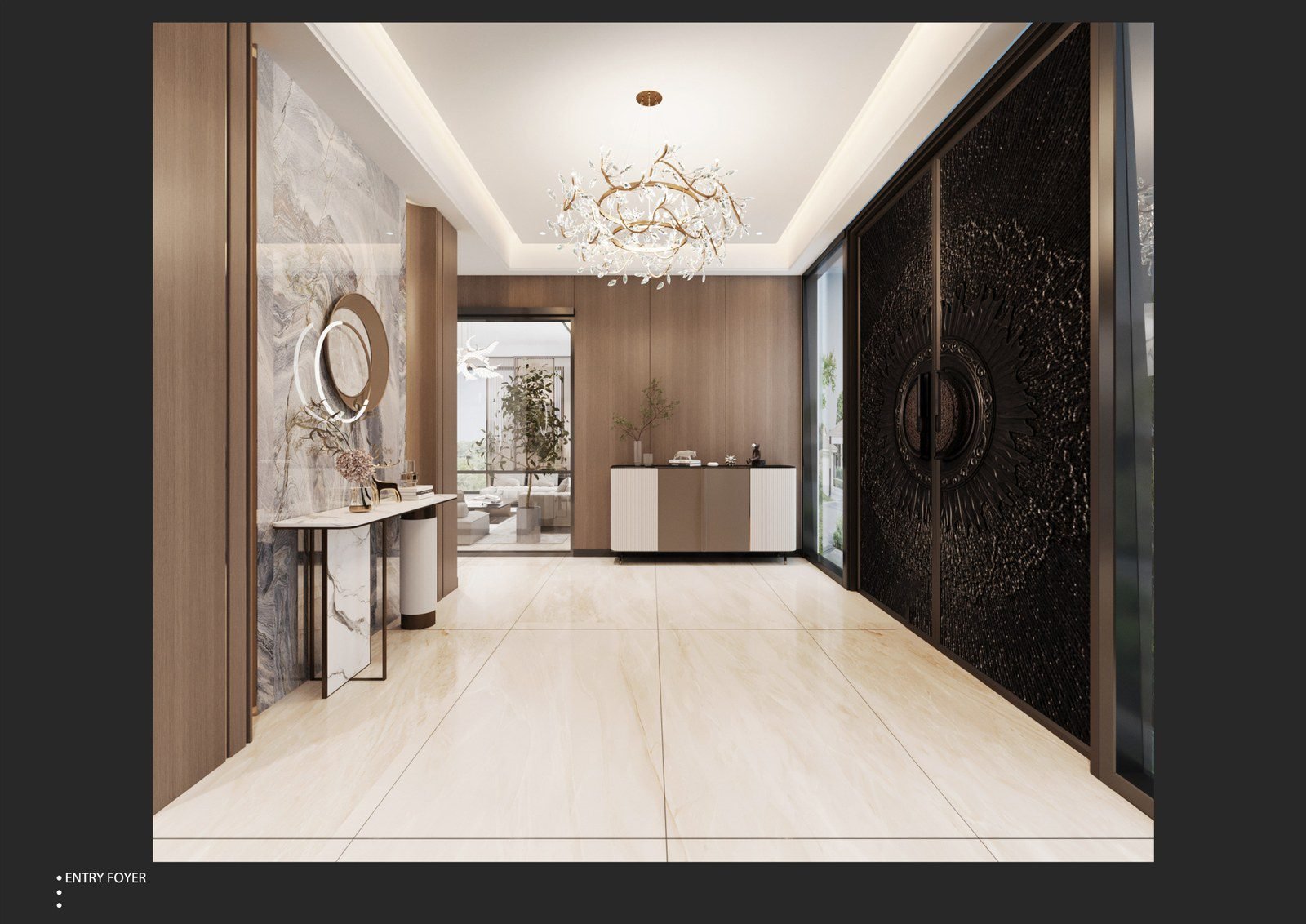 Bright foyer with a round back-lit mirror and a console