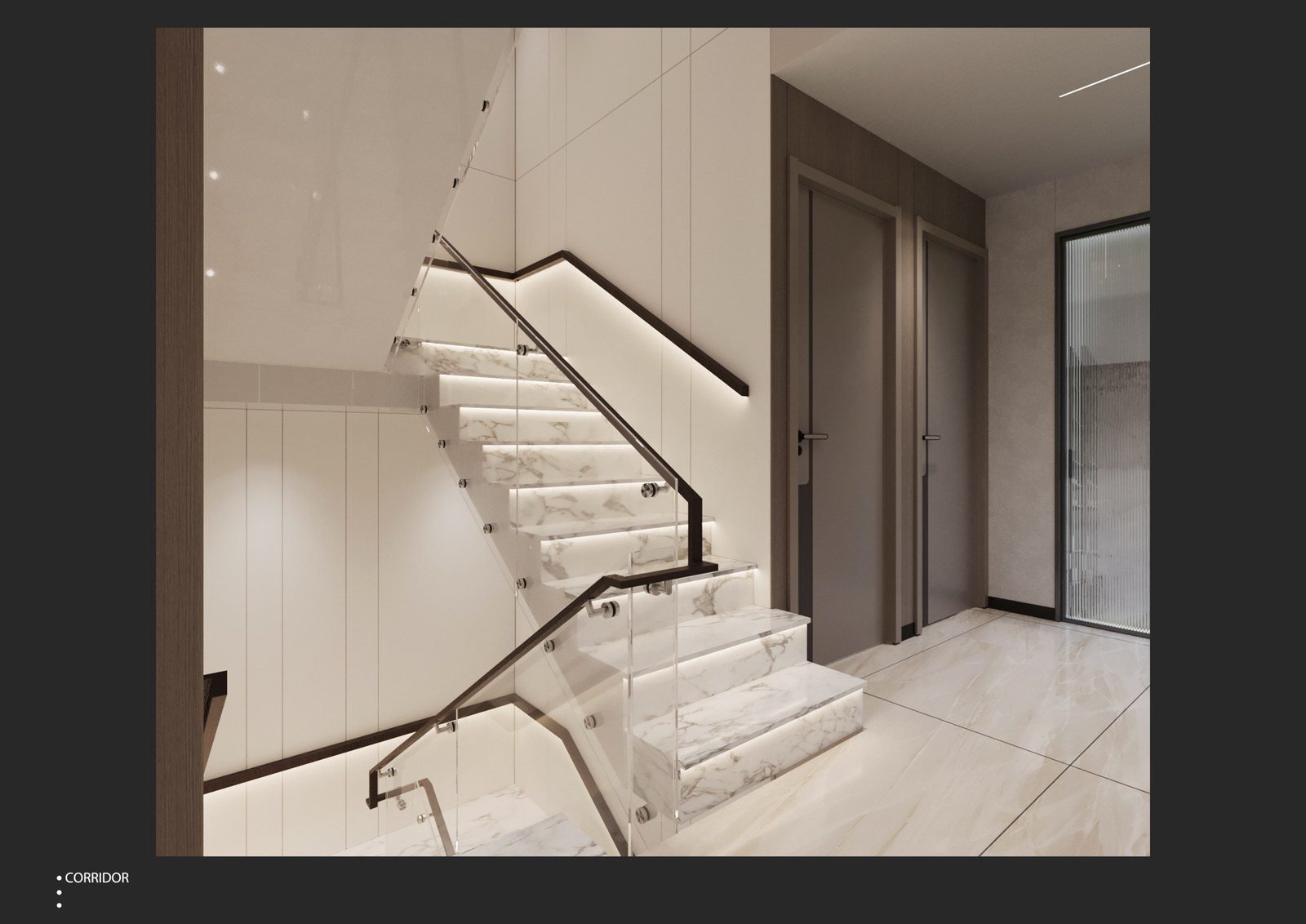 Floating timber staircase with a slim handrail on the ground floor