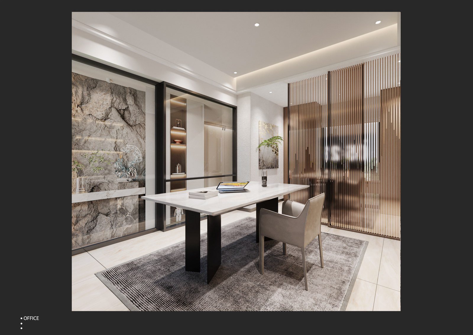 Formal dining room with a marble feature wall and a long table