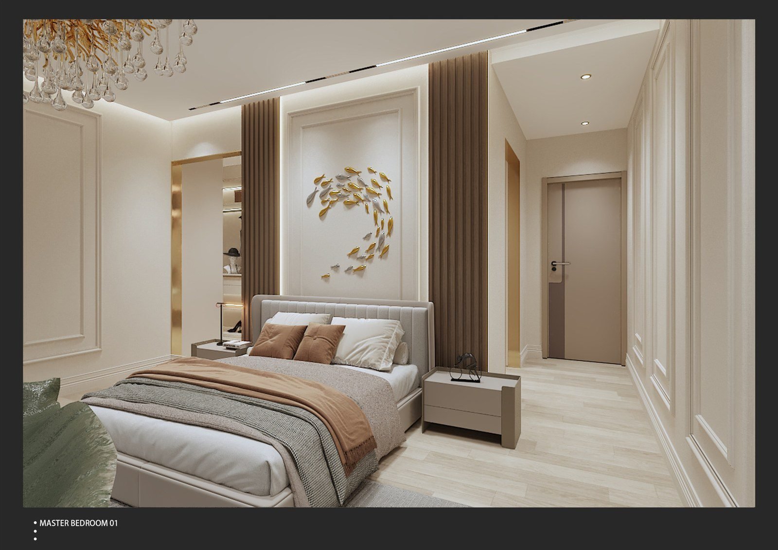 Guest bedroom with a gold floral feature on the headboard wall