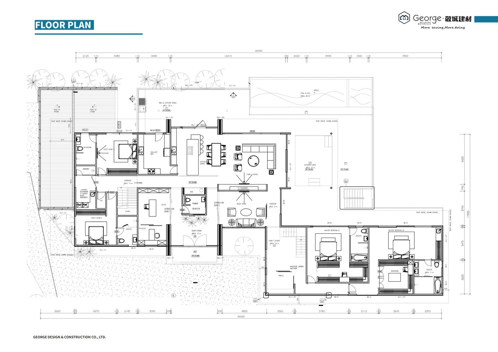 Ground floor plan of the New Zealand villa showing the living, dining, kitchen and entrance hall