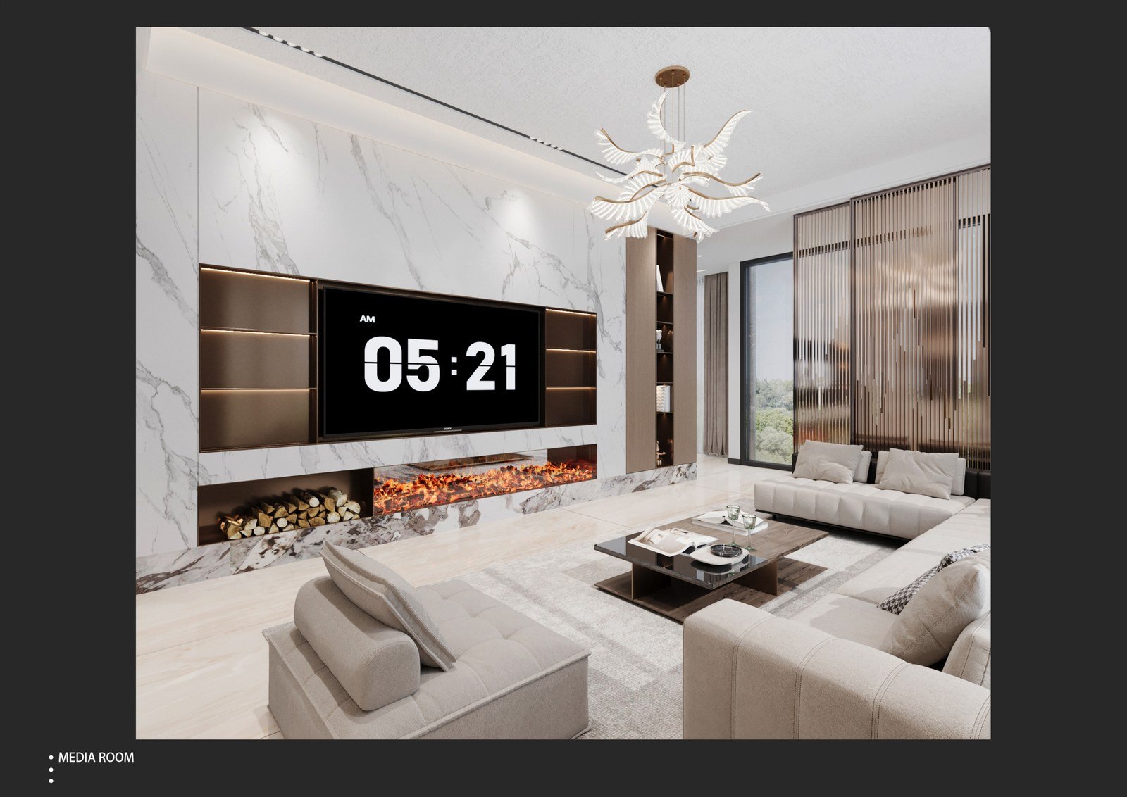 The main living room — a linear fireplace under a sculptural chandelier