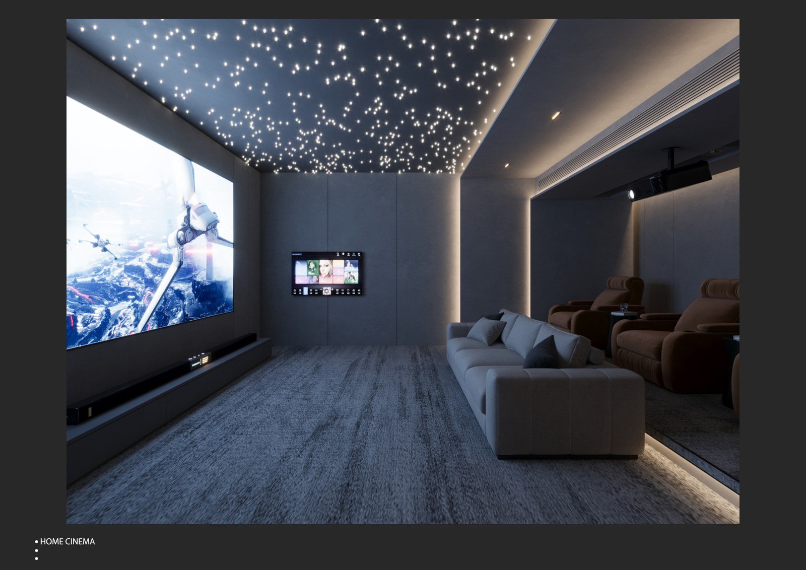 Basement home cinema with a star-lit ceiling, large screen and lounge seating