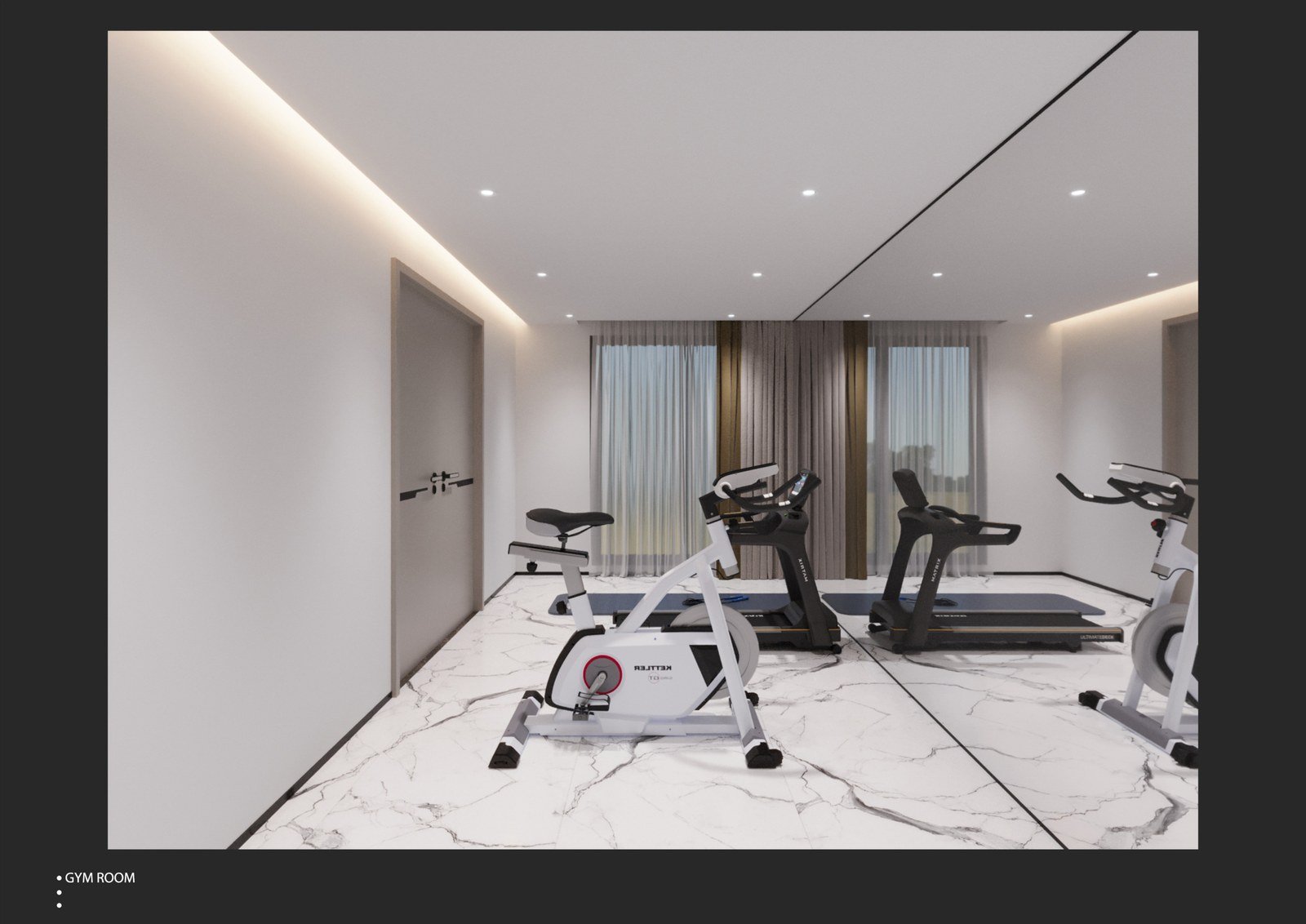 Basement gym with cardio equipment on a light stone floor