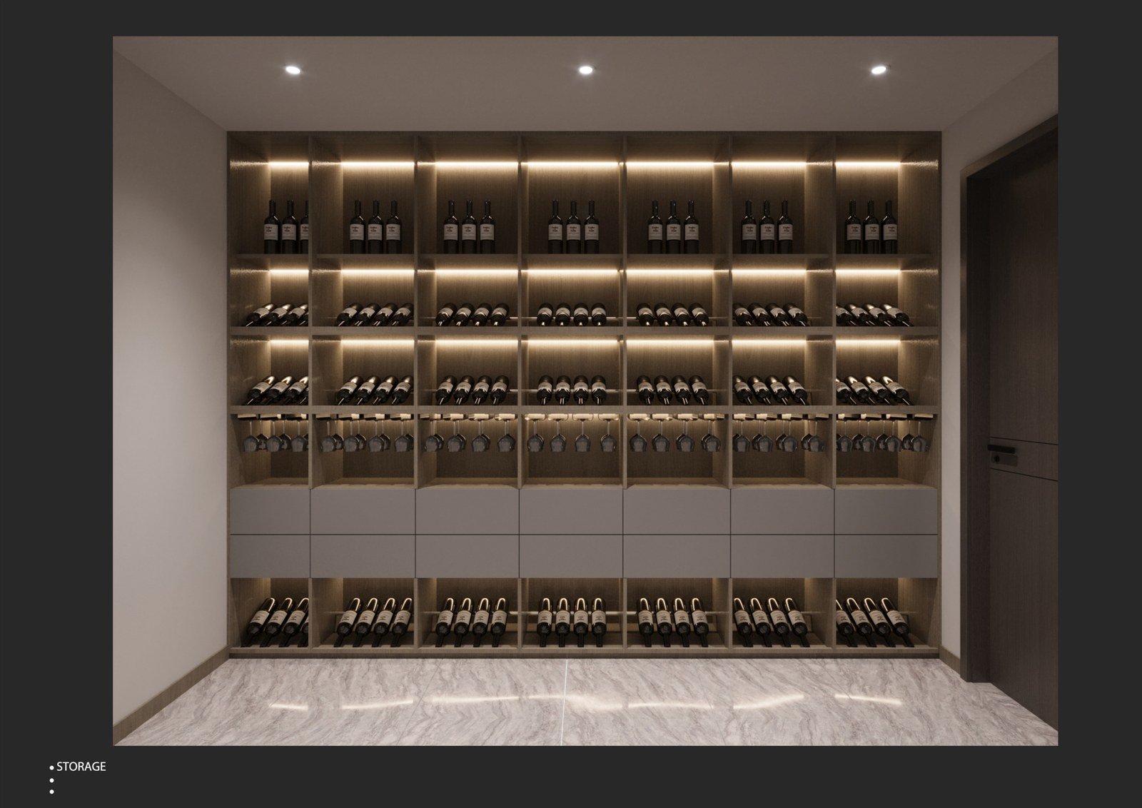 Back-lit wine cellar with full-height racking and a display island