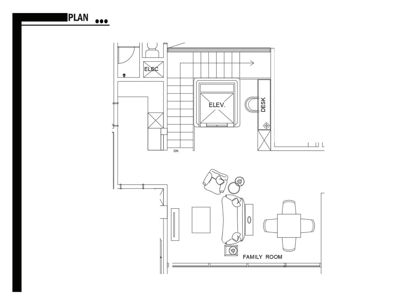 Plan detail of the family room and its connection to the kitchen and dining