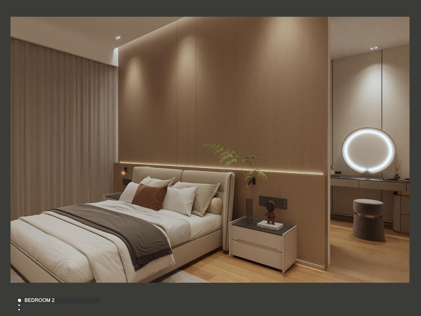 Upper bedroom with a bed and a back-lit round mirror feature