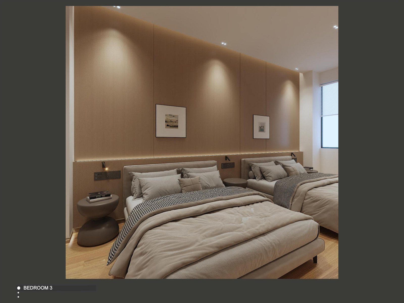 Upper bedroom with a feature headboard wall and built-in storage