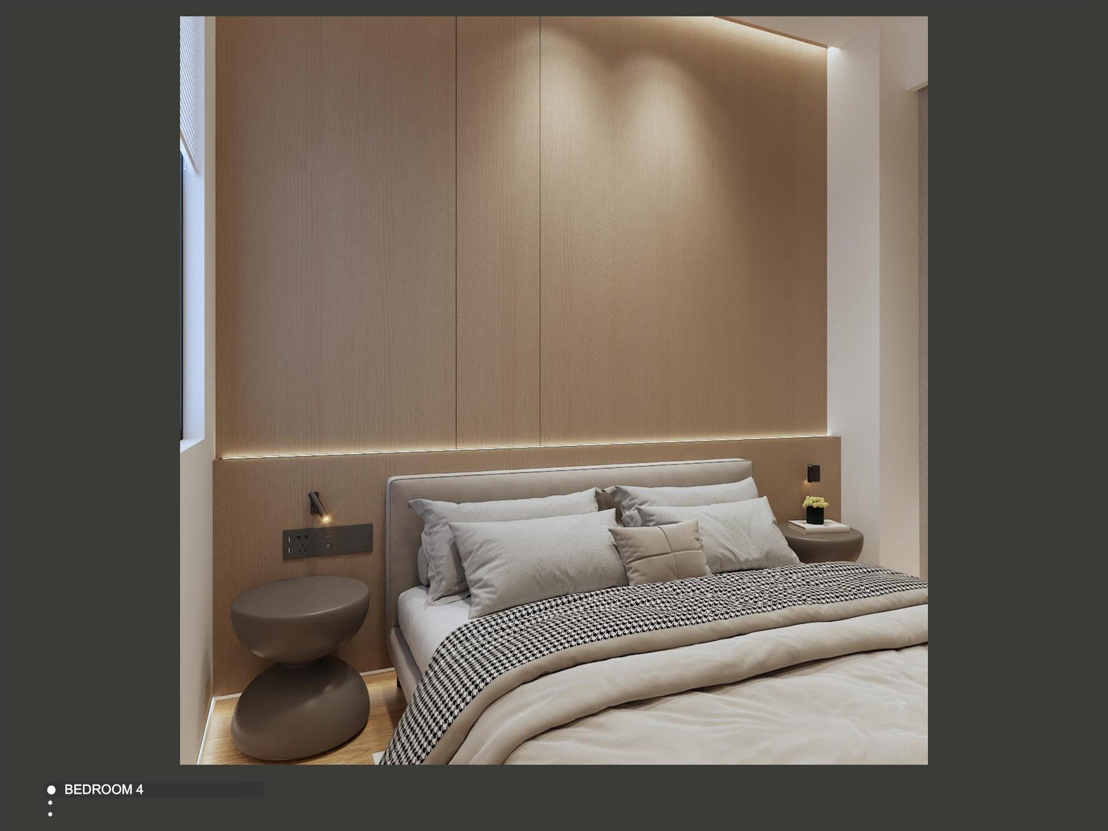 Junior master bedroom with a warm wood headboard wall