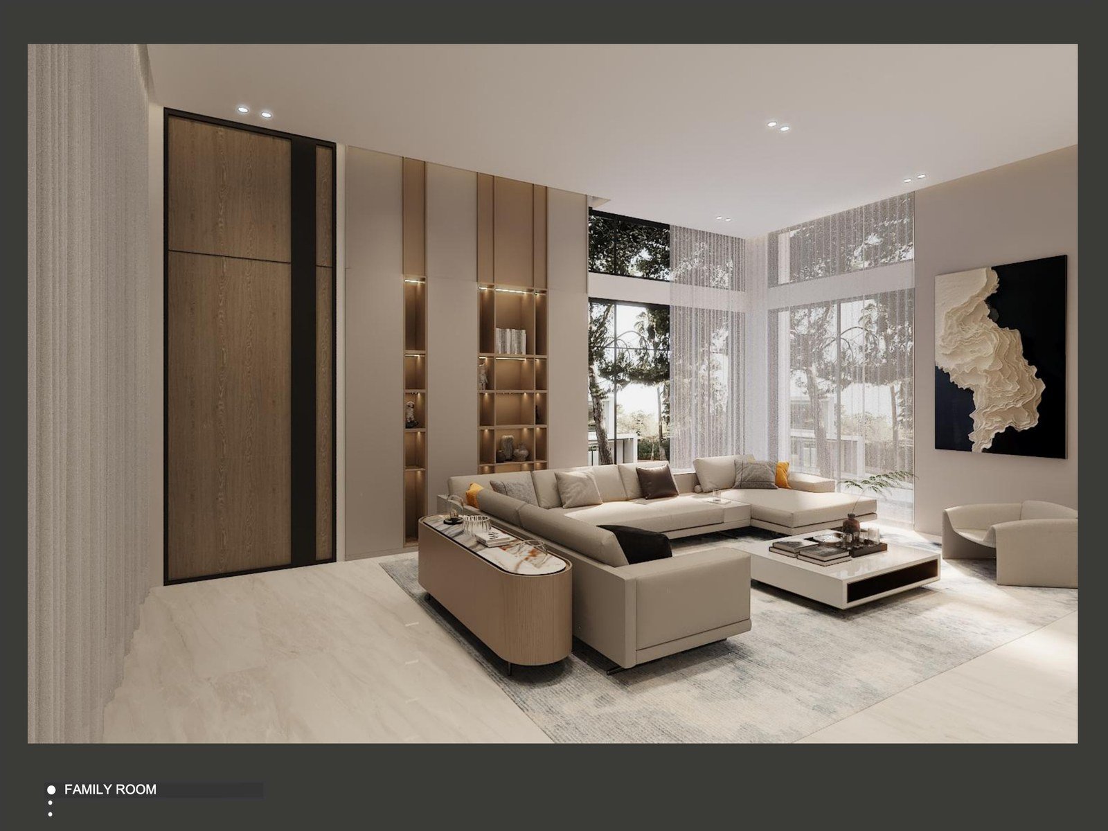 Custom villa living room with wood panelling and marble flooring