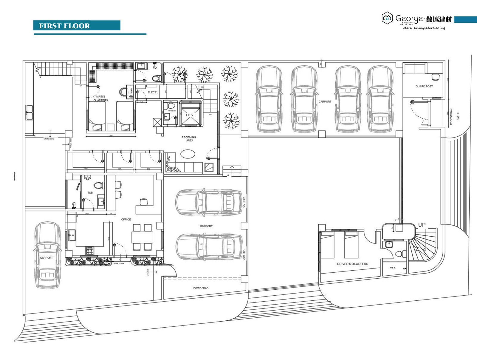First floor plan of the Philippines villa showing the reception area, family room, office and services