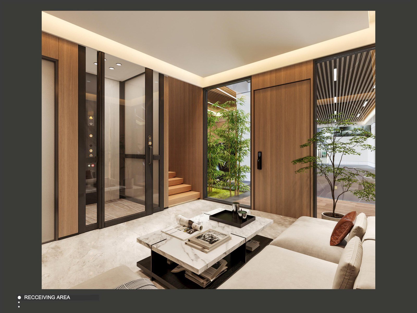 The reception area — open to the garden through full-height glazing