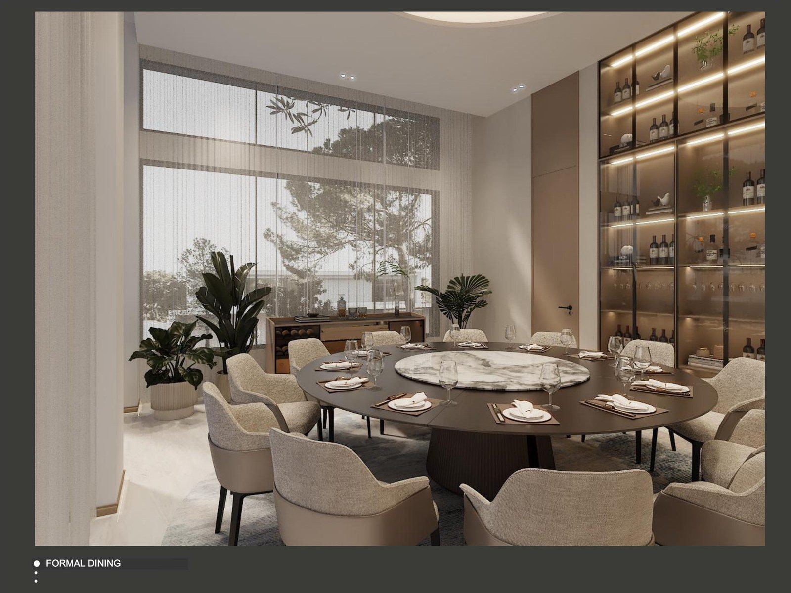 Formal dining room with a round table and a full-height bookshelf feature wall