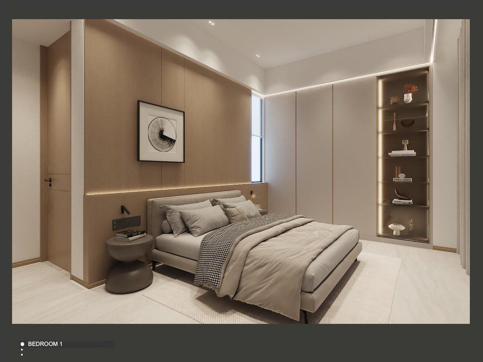 Guest bedroom with a feature headboard wall and built-in wardrobe