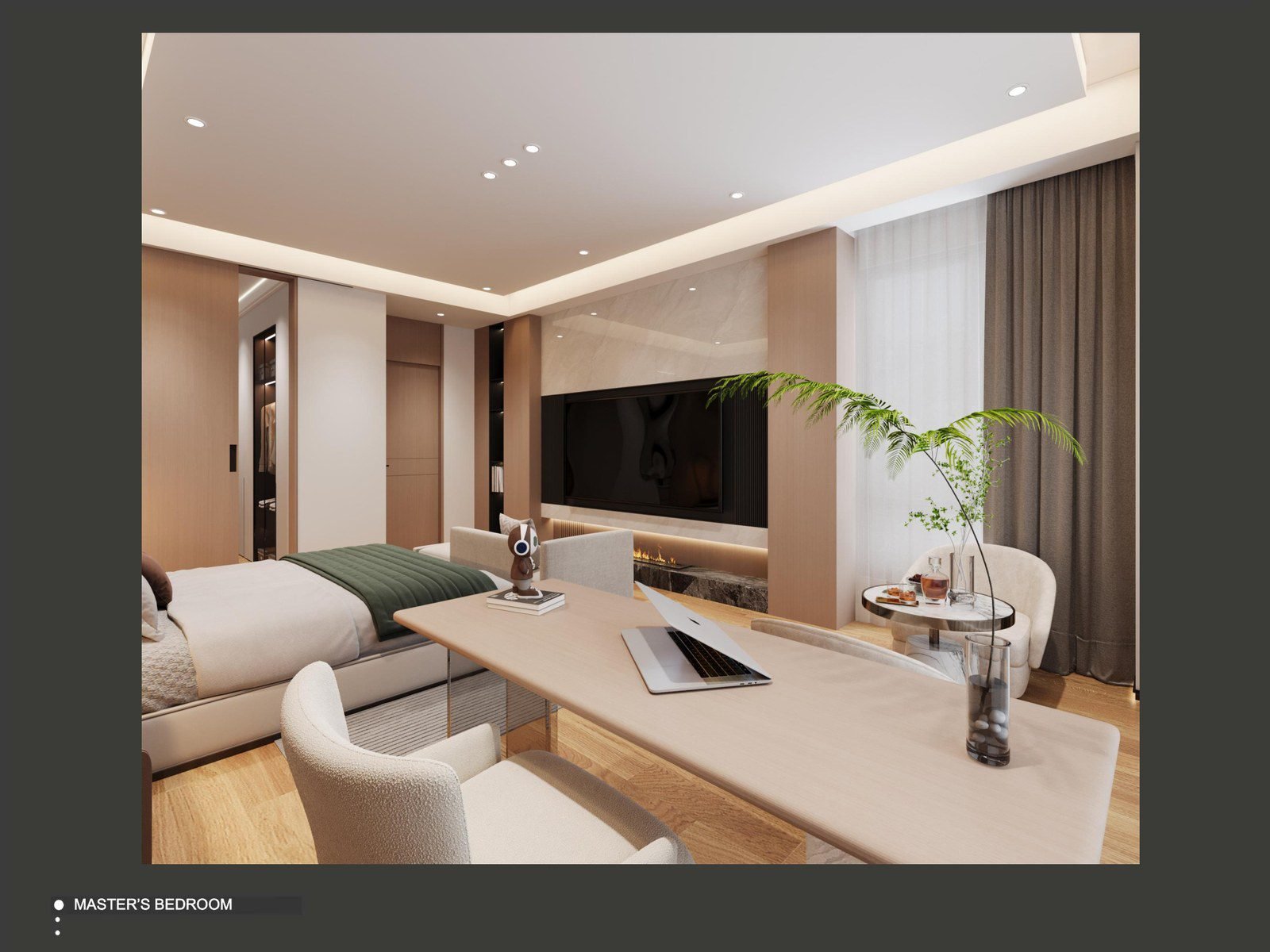 Master bedroom with a media wall, bed and warm wood feature