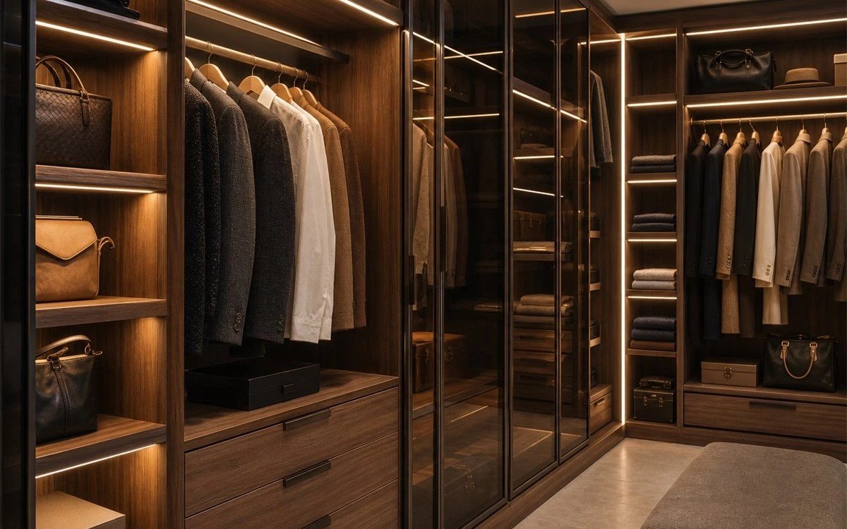 Walk-in wardrobe with integrated LED strip lighting, glass-front display cabinets and center island